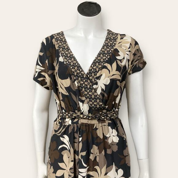 Brown Floral Print Empire Waist V-neck Stretchy Maxi Dress Medium - Picture 5 of 7